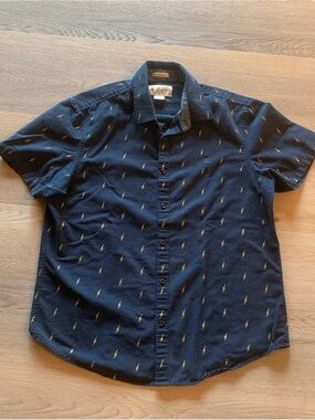 Original Penguin Navy Short-Sleeve Button-Down with Gold Lightning Print